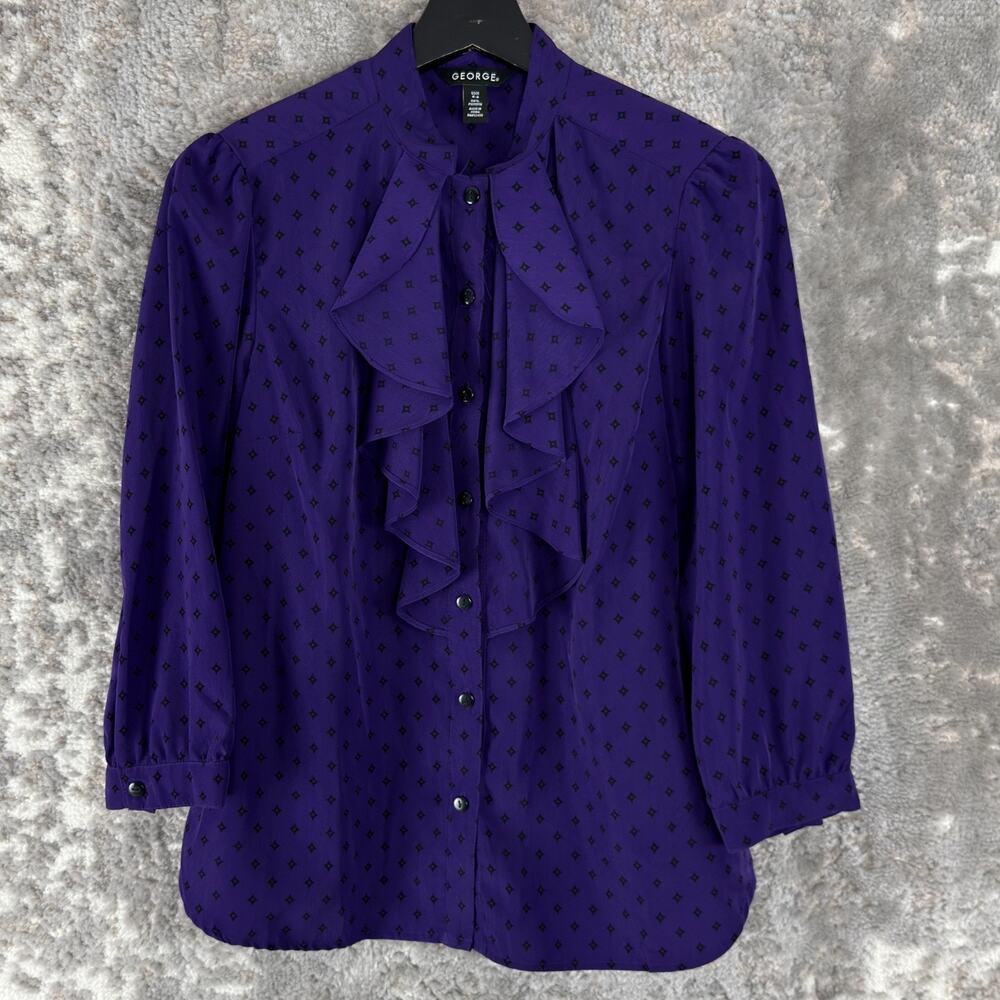 George Size S‎ 4-6 Ruffle Geometric Casual Button Top Purple 3/4 Sleeve